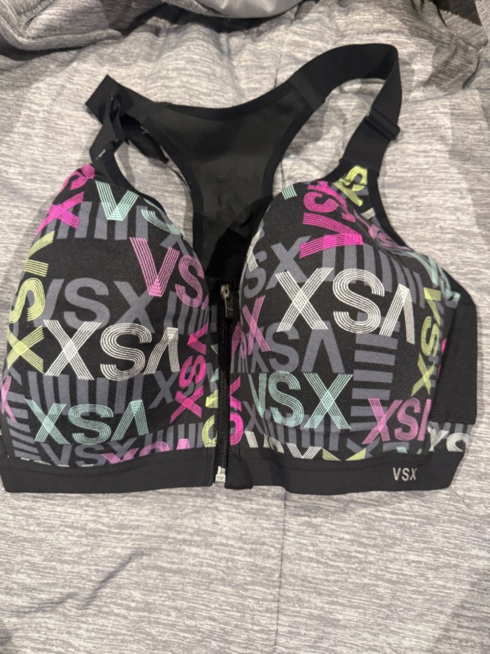 Victoria's Secret Black Sports Bra with Multicolor Pastel Logo Accent